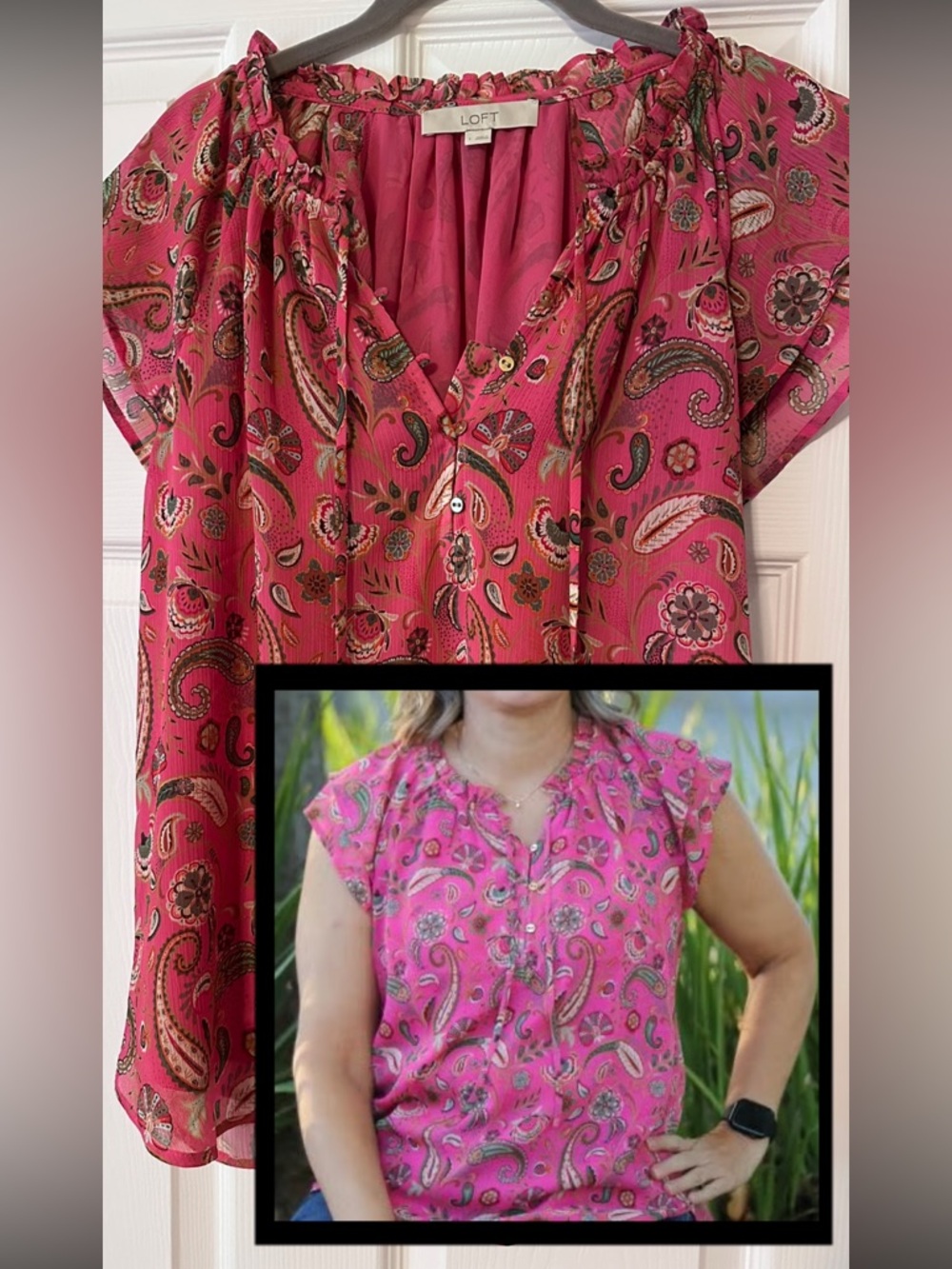 LOFT Pink Paisley Ruffle-Neck Cap-Sleeve Blouse (Large)